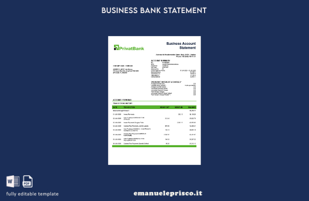 stile verificato Modello di estratto conto aziendale Ucraina Privatbank in Word 